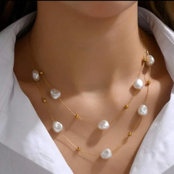 18k Gold Plated Stainless Steel Double Layer Pearl Patchwork Necklace - Picture 3 of 6